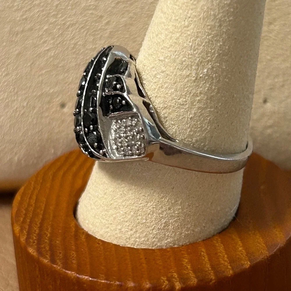 Sterling Silver 925 Black and White Stone Woven Lattice Statement Ring Size 7.25